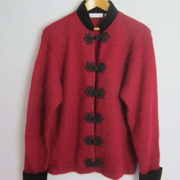 Vtg Cherry Webb Co Womens XL Red Black Velvet Collar LS Mohair Wool Cardigan - Picture 1 of 12